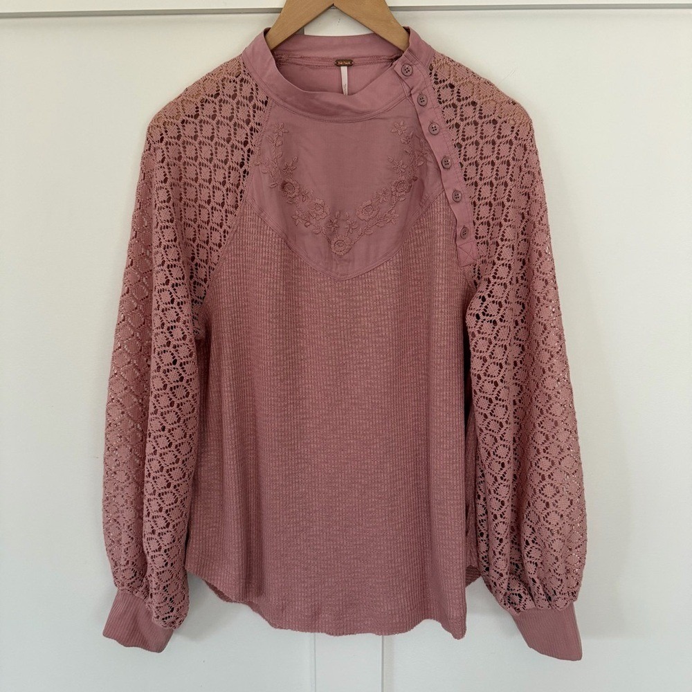 Free People Women's‎ Sweetest Thing Thermal Pink Blush Top Lace Balloon Sleeve M - Picture 5 of 16